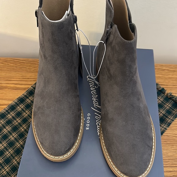 Gray faux suede booties with dual zippers and wood heel look. Universal Thread 7 - Picture 4 of 12